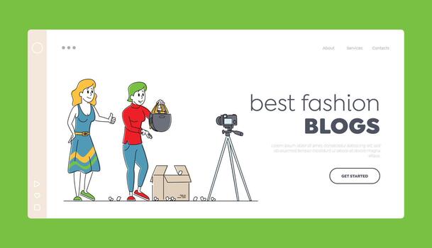 Vlogging Unboxing Broadcast Landing Page Template. Girls Vloggers Characters Make Review for Internet Society vector