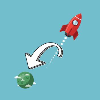 Red rocket launch from Earth into space with arrow vector