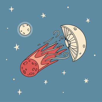 Red Comet with Swirling Flames Approaches a Crescent Moon vector