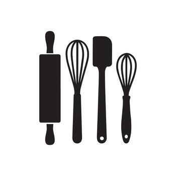 Set of essential baking tools including a rolling pin, spatulas, and whisks, presented in a clean, graphic illustration vector
