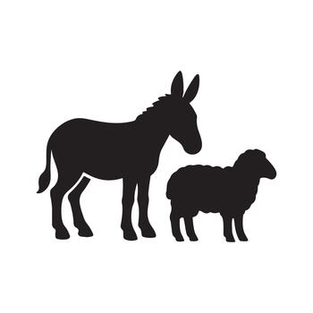 Simple black silhouettes depicting a gentle donkey and a fluffy sheep, iconic representations of farm animals in a clean, graphic style, perfect for various design concepts and educational materials vector