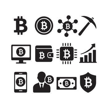 icons for digital currency, blockchain technology, and cryptocurrency concepts. Illustrates finance, mining, wallets, security, and modern digital wealth management vector