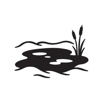Black and white illustration of a marsh with cattails and lily pads, symbolizing nature and tranquility vector