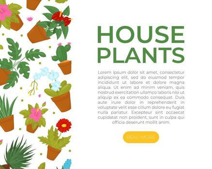 plantas de interior web bandera modelo. aterrizaje página, sitio web con interior en conserva plantas modelo y espacio para texto dibujos animados vector