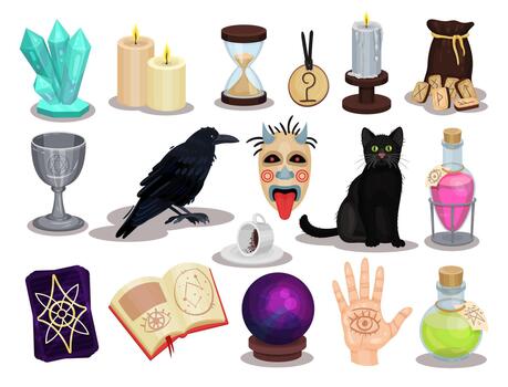 Magical Things and Witchcraft Elements with Crystal Ball, Candle, Goblet, Raven, Flask with Poison and Black Cat Big Set vector