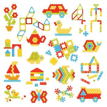 Mosaic logic game for children. Constructor of colourful cube block elements cartoon vector