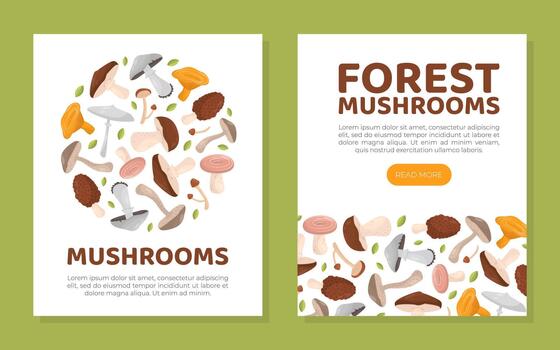 Forest mushrooms mobile app and card templates set. Mushrooms web banner, flyer template set cartoon vector