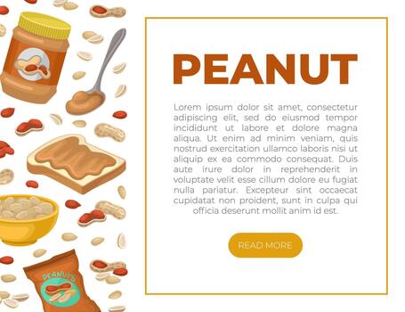 Peanut web banner template with space for text. Natural nutritional product landing page, website cartoon vector