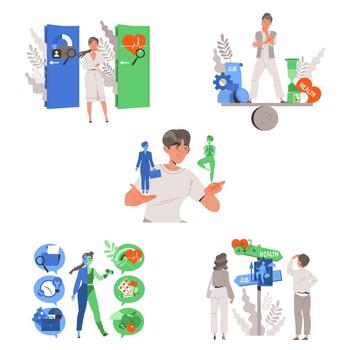 People Characters Choosing Between Health and Work Having Dilemma Weighing and Comparing Set vector