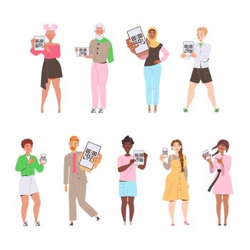 personas caracteres demostración qr código en su artilugio ilustración conjunto vector