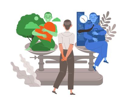 Man Character Choosing Between Health and Work Having Dilemma Comparing on Scales Illustration vector