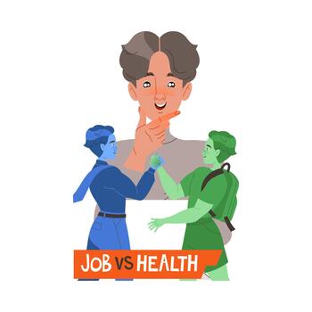 Man Character Choosing Between Health and Work Having Dilemma Comparing Illustration vector