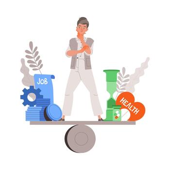 Man Character on Scales Choosing Between Health and Work Having Dilemma Comparing Illustration vector