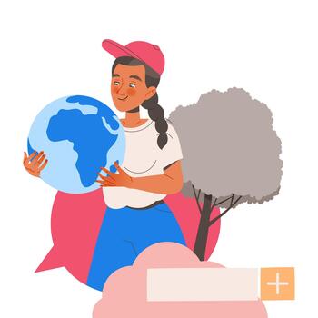 Female Student Character with Globe and Search Field Learning Multitasking Switching Between Different Activities Illustration vector