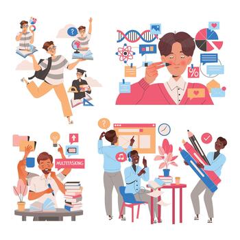 People Student Characters Learning Multitasking Switching Between Different Activities Set vector