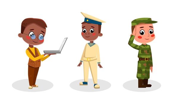 Funny kids of various professions set. Soldier, sailor, computer programmer cartoon illustration vector