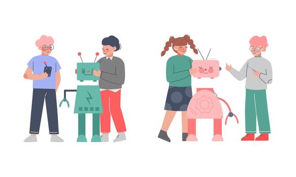 Students making and programming robots set. Robotics and programming for children cartoon illustration vector