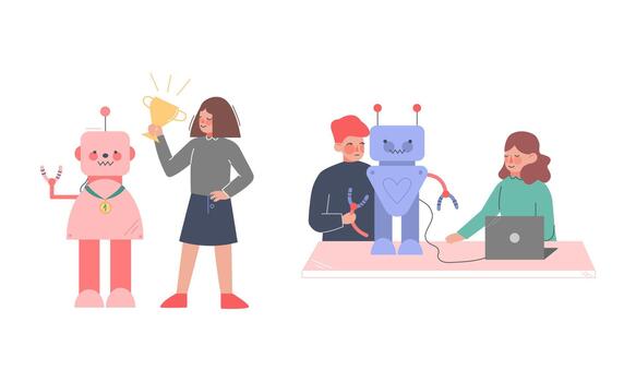 Students making and programming robots set. Robotics for children cartoon illustration vector