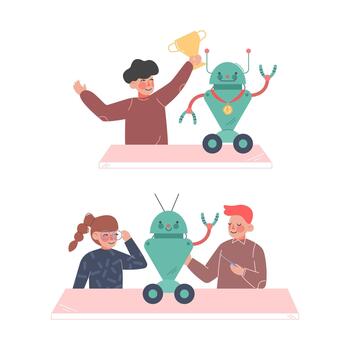 Cute children making and programming robots set. Robotics and programming education cartoon illustration vector