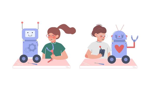 Girl and boy making and programming robots set. Robotics for children cartoon illustration vector
