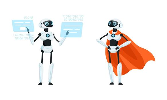 Humanoid robots set. Cybernetic robotic cyborgs, artificial intelligence machines cartoon illustration vector