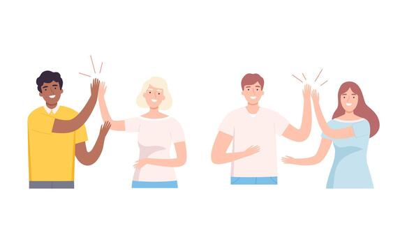 Friends doing high five set. Informal greeting, command motivation, friendship and communication illustration vector