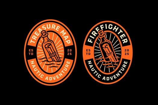 Treasure map with floating bottle retro badge logo design set for marine adventure. Message in bottle vintage patch illustration graphics. Floating message bottle rustic emblem element designs vector