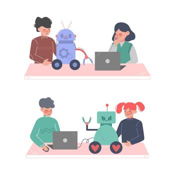 niños ingenieros haciendo y programación robots conjunto dibujos animados ilustración vector