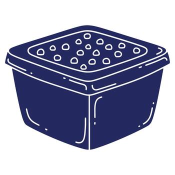 minimalista representación de un azul cuadrado envase lleno con pequeño redondo objetos transporte almacenamiento y organización concepto con limpiar blanco contornos vector