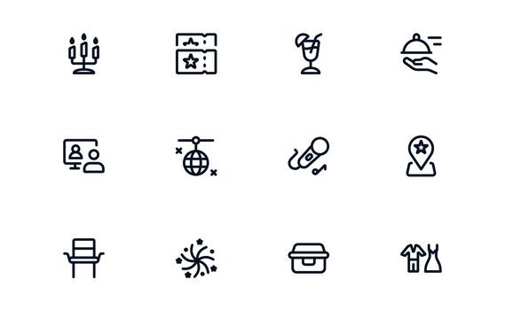 Minimal Event Planning Icon Collection illustrating Event Dashboards, Scheduling Apps, and Planning Platforms vector