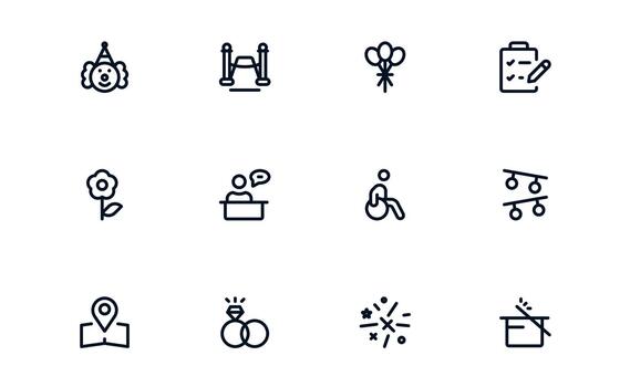 Functional Event Planning Icon Library enabling Organizer Apps, Event Dashboards, and Scheduling Platforms vector