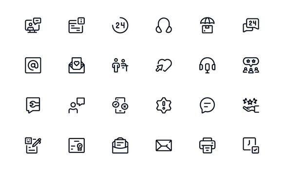 Interactive Customer Support Service Icon Pack displaying Ticket Management Systems, Support Dashboards, and Customer Apps vector