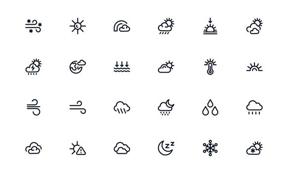 Sleek Weather Forecast Icon Pack displaying Temperature Graphs, Rain Predictions, and Atmospheric Conditions vector