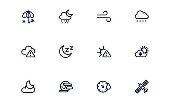 Creative Weather Forecast Icon Pack visualizing Weather Maps, Forecast Charts, and Temperature Tracking vector