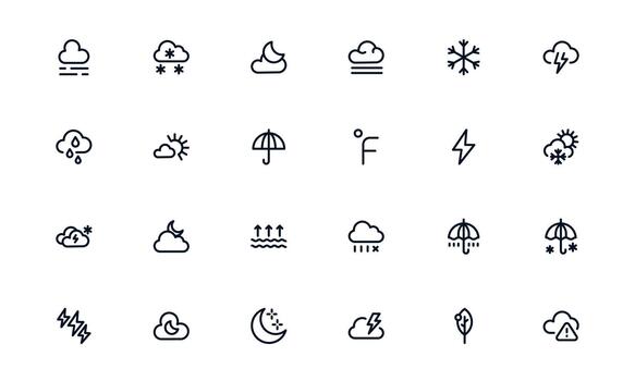 Dynamic Weather Forecast Icon Collection mapping Temperature Changes, Rain Predictions, and Storm Alerts vector