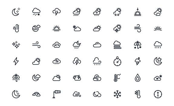 Interactive Weather Forecast Icon Pack displaying Forecast Dashboards, Weather Maps, and Climate Tools vector