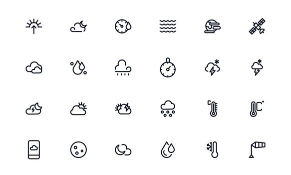 Professional Weather Forecast Icon Collection presenting Temperature Graphs, Weather Apps, and Climate Interfaces vector