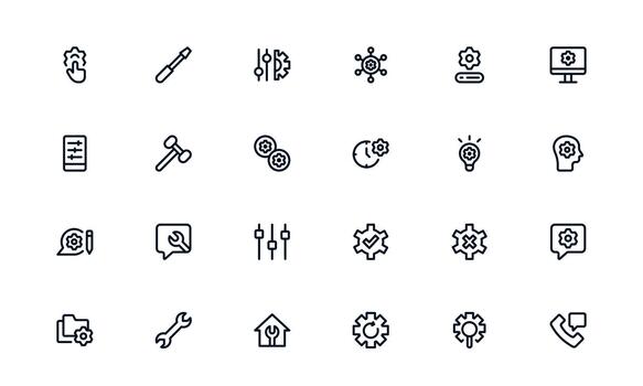 mínimo ajustes y mantenimiento icono colección ilustrando ajustes herramientas, configuración aplicaciones, y sistema interfaces vector