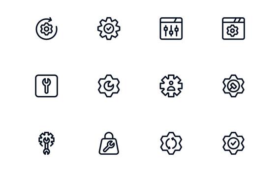 Sleek Settings and Maintenance Icon Pack displaying Maintenance Platforms, System Dashboards, and Configuration Tools vector