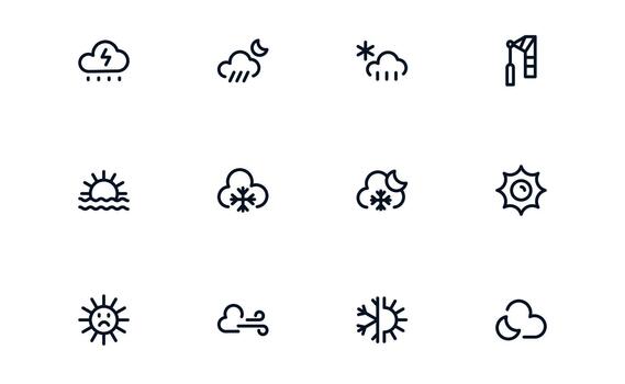 Modern Weather Forecast Icon Collection highlighting Temperature, Rainfall, and Atmospheric Conditions vector