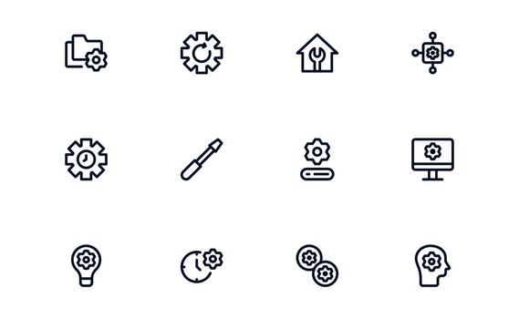 Functional Settings and Maintenance Icon Library enabling Configuration Apps, System Management, and Maintenance Platforms vector