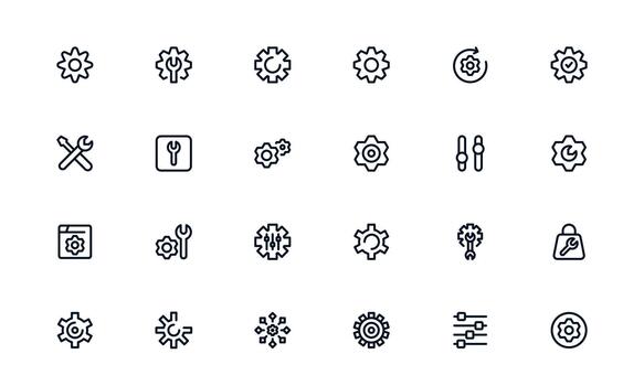 Modern Settings and Maintenance Icon Collection presenting System Tools, Configuration Panels, and Control Interfaces vector