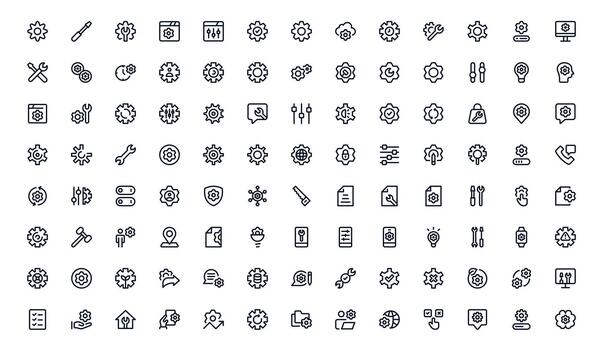 Professional Settings and Maintenance Icon Collection presenting Configuration Tools, System Apps, and Maintenance Platforms vector