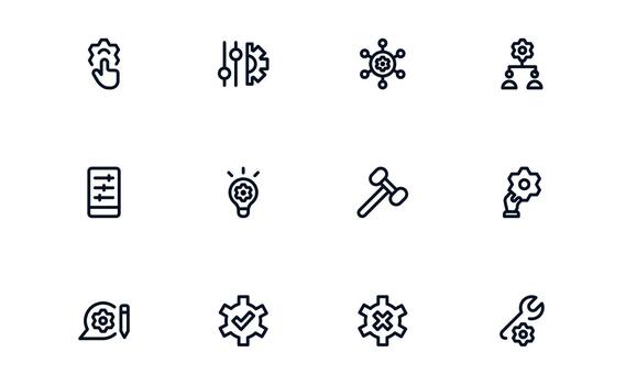 Elegant Settings and Maintenance Icon Library illustrating System Settings, Maintenance Dashboards, and Control Interfaces vector