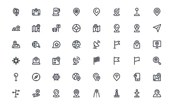 Stylish Map Icon Library exploring Travel Guides, GPS Interfaces, and Location-Based Applications vector