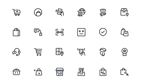 Functional Shopping Icon Library enabling E-Commerce Apps, Checkout Systems, and Product Tracking vector