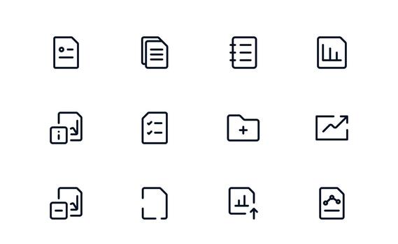 Modern Document Processing and Workflow Management Icon Collection presenting Office Productivity, Document Apps, and Task Management Tools vector