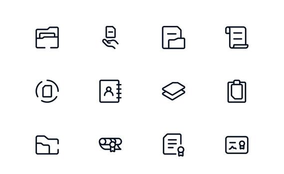 Elegant Document Processing and Workflow Management Icon Bundle demonstrating Document Tools, Workflow Systems, and Task Apps vector