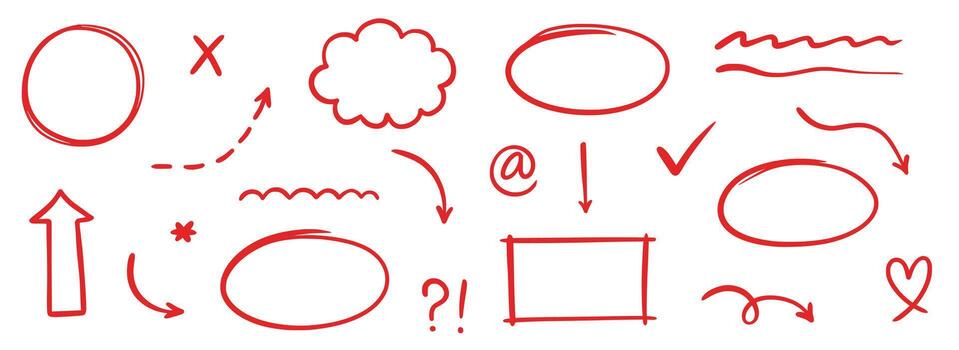 Pen marker line red arrow, underline, emphasis element . Hand drawn red marker brush stroke style arrow, text underline, round frame set. Doodle sketch pencil text decoration. vector