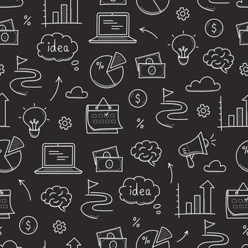 Business idea doodle seamless pattern . Business success, creative idea concept doodle drawn sketch style pattern with lightbulb, megaphone, calendar element. vector
